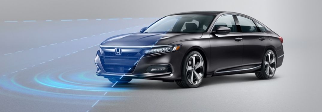 Black 2020 Honda Accord with Graphics of Honda Sensing Sensors, Radars and Cameras