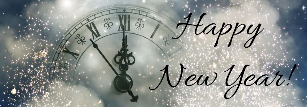Clock Striking Midnight on Silver Background with Black Happy New Year Text