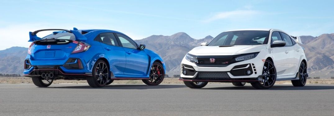Blue and White 2020 Honda Civic Type R Models on Blacktop