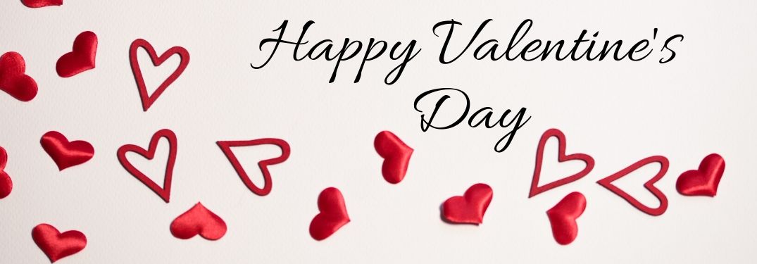 Red Hearts on a White Background with Black Happy Valentine's Day Script