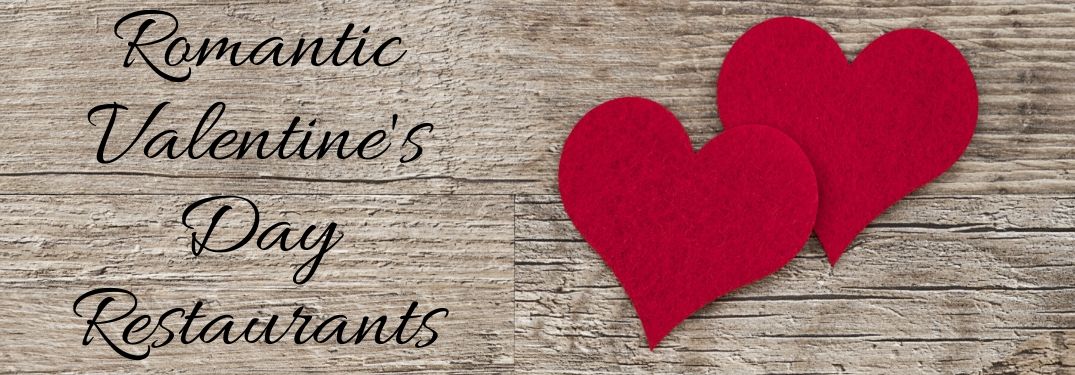 2 Red Hearts on a Wood Background with Black Romantic Valentine's Day Restaurants Script