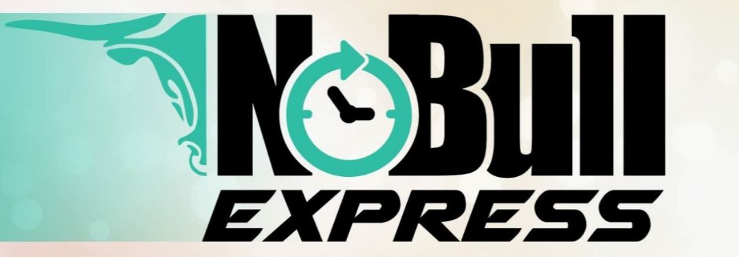Teal Bull Head with Black No Bull Express Text and Teal Clock Face as the O