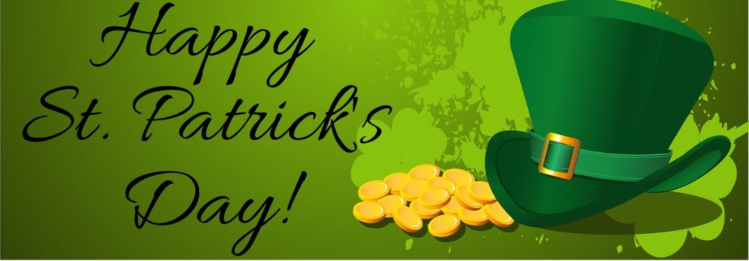 Leprechaun Hat and Gold Coins on a Green Background with Black Happy St. Patrick's Day Text