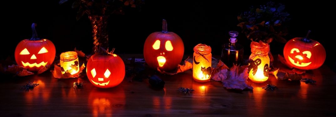 Lit Halloween Jack-o-Lanterns at Night