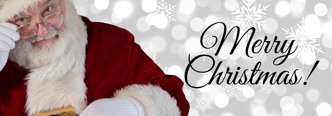 Santa Claus on White Winter Background with Black Merry Christmas Text