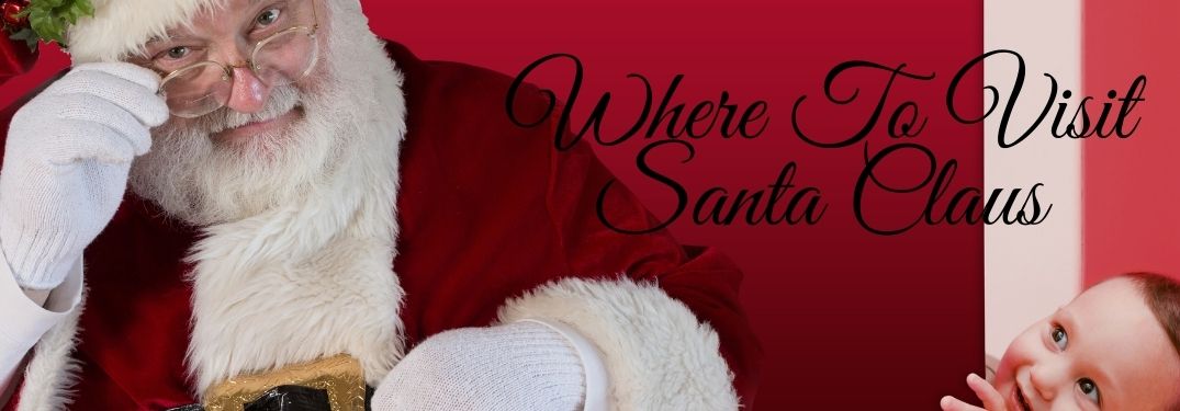 Santa Claus on Red Background with Kid Peeking Around the Corner and Black Where To Visit Santa Claus Text