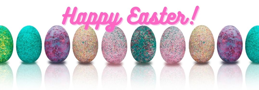 Row of Colorful Easter Eggs on a White Background with Pink Happy Easter Text
