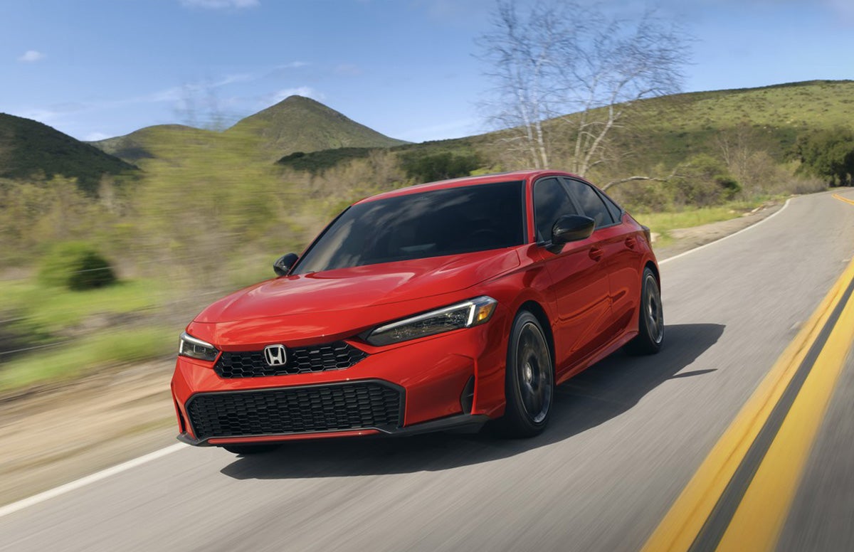 Overhead View of Blue 2020 Honda Civic Sedan Touring on a Highway with White 2020 Honda Civic Sedan Touring Shown Text in Lower Left